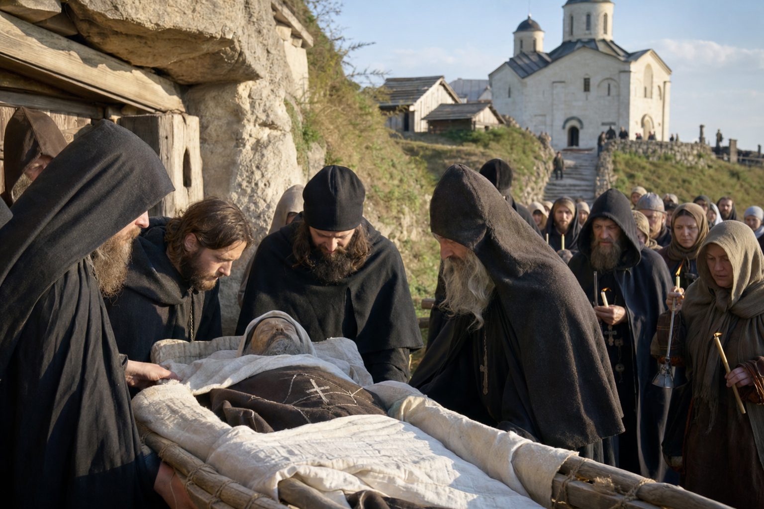 Picha halisi ya picha, Uhamisho wa maiti ya baba yetu mtukufu Feodosius, ighumen Pechersky, kalenda ya Orthodox, 2026-08-27, relic_or_church_event